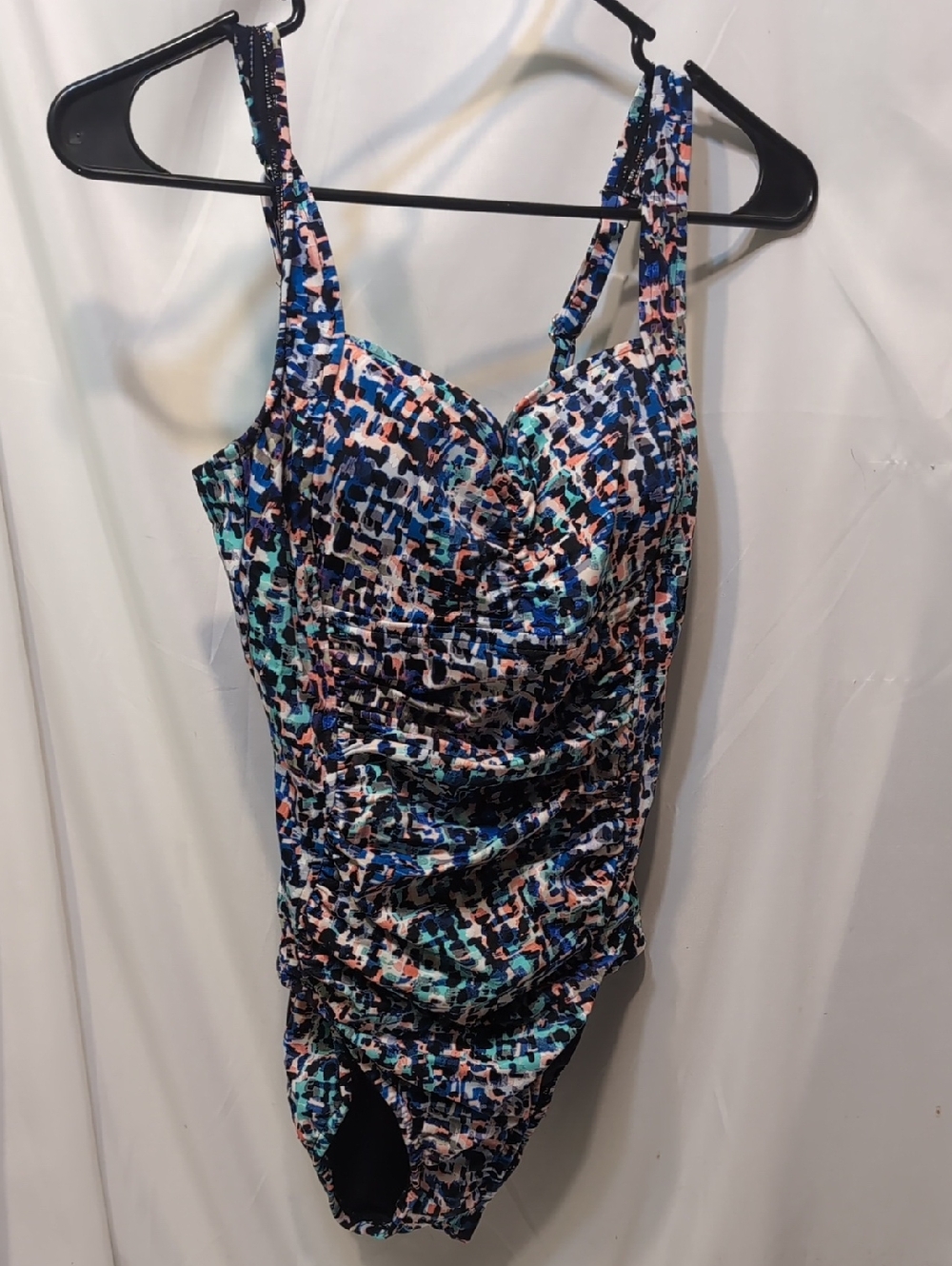 Swim Solutions Vibrant Blue Pink Green Abstract One-Piece Size 10 NWT